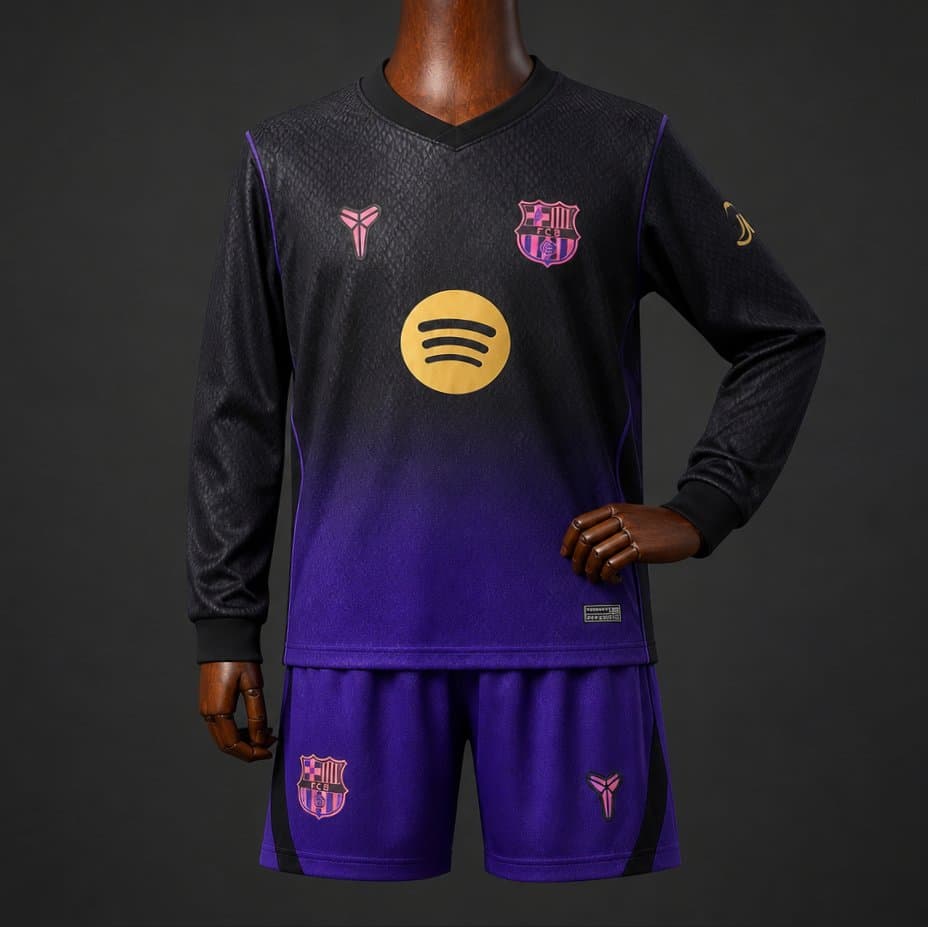 Barcelona Away Long Sleeve Kids Kit 26/27 front view